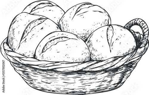 Illustration of a basket filled with round bread buns in sketch style.
