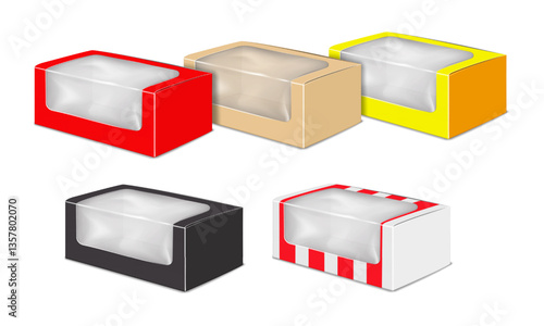 Clamshell paper box with clear plastic window. Realistic 3d color vector mock-up set. Easy editable. Paperboard container with transparent lid. Mockup kit. Takeout food package. Template for design