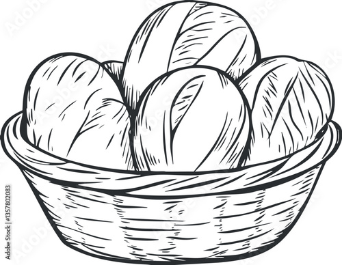 Illustration of loaves of bread in a wicker basket, black and white sketch.