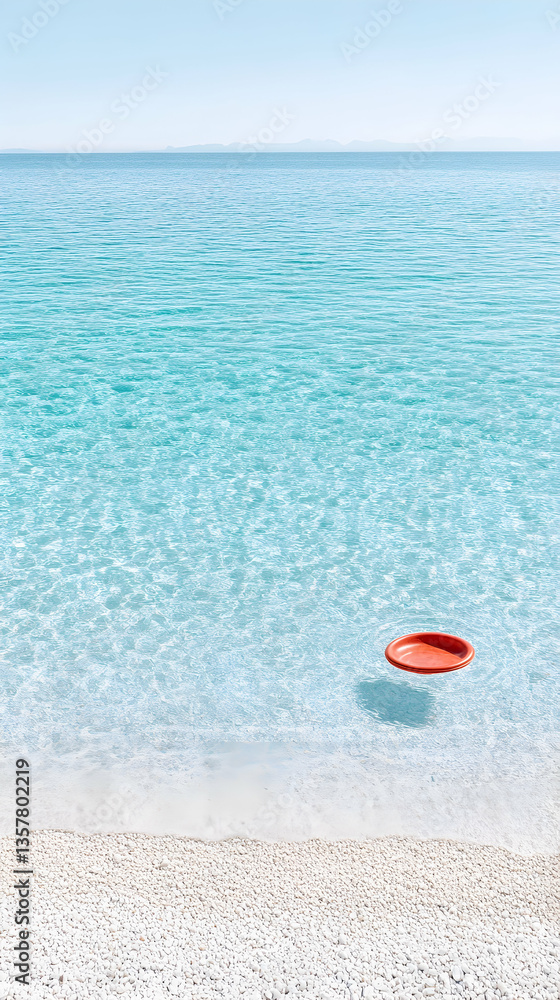 Calm ocean scene with a single orange disc floating near a pristine beach Calm ocean scene with a single orange disc floating near a pristine beach