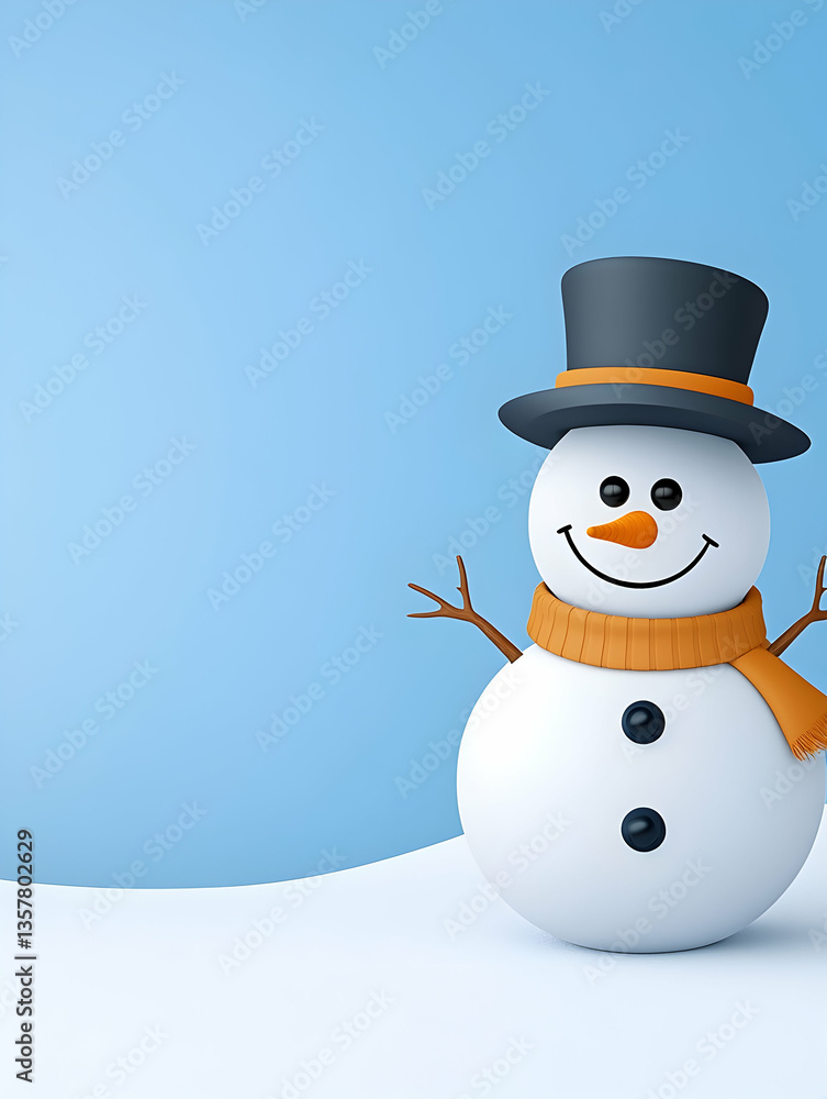 Cheerful snowman in top hat and scarf on a snowy, light blue background Cheerful snowman in top hat and scarf on a snowy, light blue background