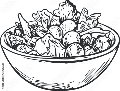 Black and white sketch of a salad bowl with various vegetables.
