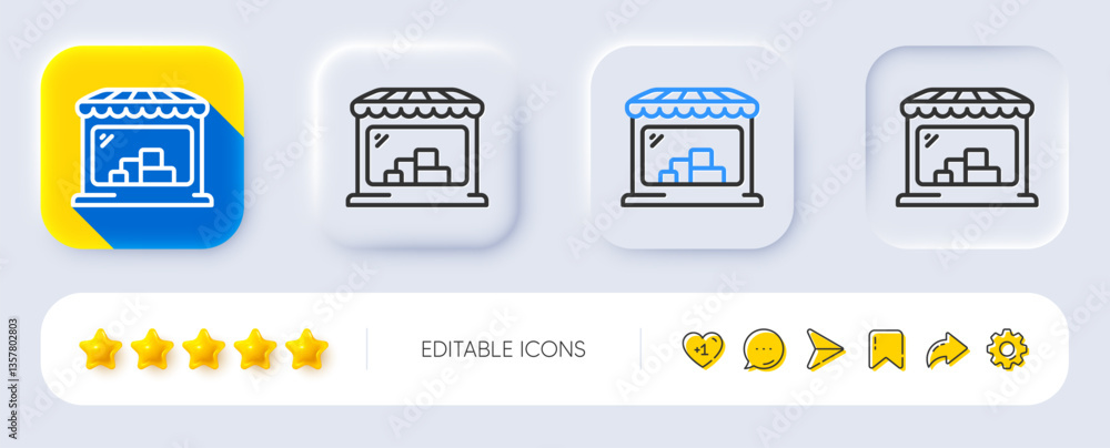 Fototapeta premium Market line icon. Neumorphic, Flat shadow, 3d buttons. Wholesale store sign. Retail marketplace symbol. Line market icon. Social media icons. Vector