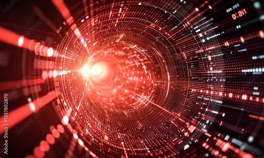 Abstract representation of a dynamic red light tunnel with glowing particles and motion effects Abstract representation of a dynamic red light tunnel with glowing particles and motion effects