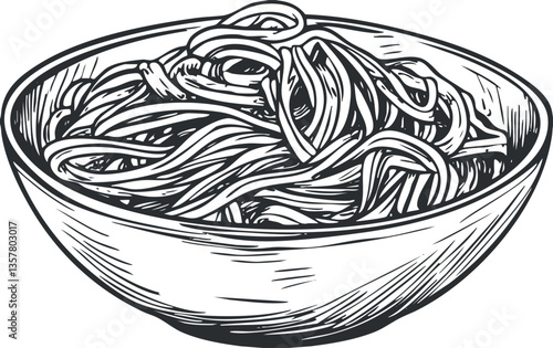 Black and white illustration of a bowl of spaghetti noodles.