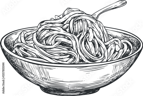 Black and white sketch of a bowl of spaghetti noodles with a fork.