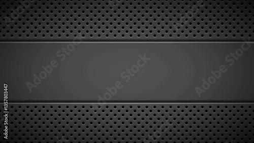 Black abstract technology background with circle perforated pattern, speaker grill texture and horizontal bevels for presentations and design concepts. Vector illustration.