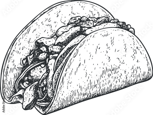 Detailed black and white sketch of a taco with various ingredients.