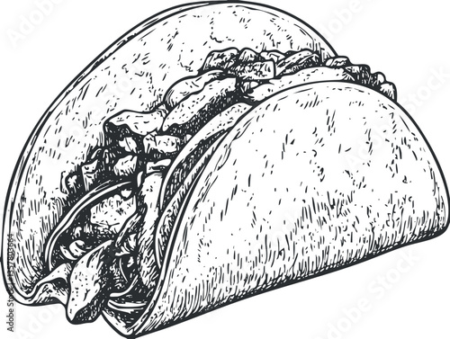 Black and white hand-drawn taco illustration with detailed sketch lines.