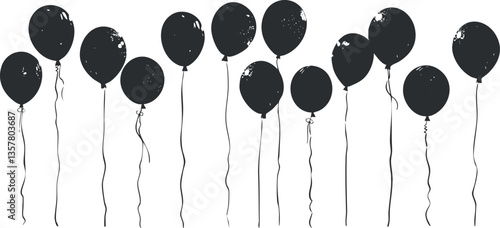 Black silhouette of balloons on strings against a white background.