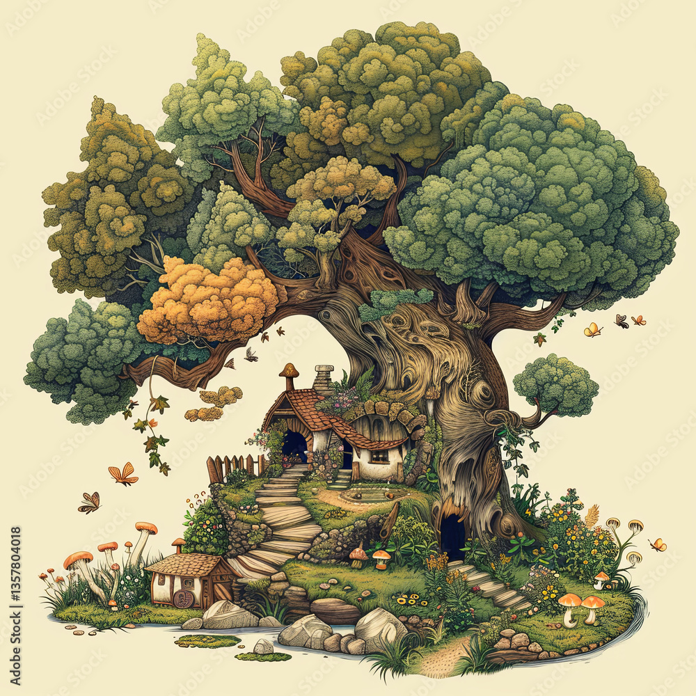 Fototapeta premium Magical little houses are built on the trunk of a big branching tree. A fantasy landscape. Concept of unreal world. Illustration for cover, greeting card, interior design, decoration or print.