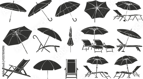 Silhouettes of beach umbrellas and loungers for summer relaxation.
