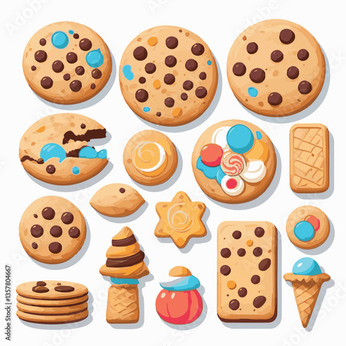 dessert, cookie, food, biscuit, sweet, bakery, background, chocolate, delicious, snack, homemade, brown, isolated, candy, pastry, cake, bake, chip, tasty, breakfast, fresh, treat, closeup, sugar, vect