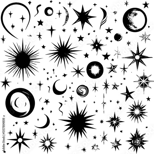 Black and white celestial symbols including stars and moons illustration.