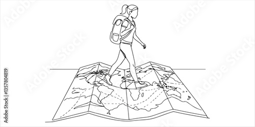 Konstfotografi A single continuous line drawing features a female backpacker walking confidently on a folded map, carefully following the directions laid out before her