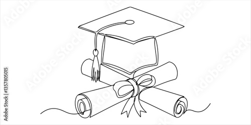 A single continuous line drawing illustrates a graduation hat alongside a ribbon-tied diploma scroll. This simple yet meaningful design symbolizes the certificate of graduation, representing.