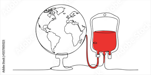 A continuous one line drawing depicts a globe connected to a blood bag, symbolizing global awareness of hemophilia. This minimalist illustration emphasizes the importance of recognizing symptoms.