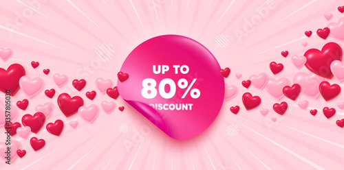 Discount tag sticker love banner. Sunburst ray background. Up to 80 percent discount. Sale offer price sign. Special offer symbol. Save 80 percentages. Valentines day greeting card. Vector