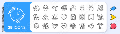 Use gloves, Medical analyzes and Face biometrics line icons. Interest rate, AI generate, Inflation icons. Pack of Wash hands, Heart beat, Blood donation icon. Vector