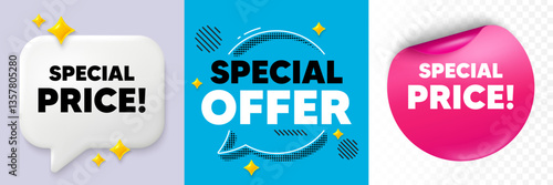 Special price speech bubble. 3d sparkles chat, Paper sticker. Special price tag. Sale sign. Advertising Discounts symbol. Special offer bubble. Halftone dots pattern. Vector