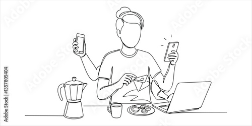 A single continuous line drawing portrays a businessman with six hands, each engaged in different tasks. This creative illustration highlights the concept of multitasking in the morning to maximize.