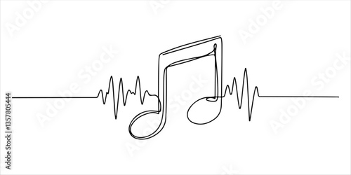 A continuous one line drawing features an abstract background of music notes, presented as a simple and elegant vector illustration. This minimalist outline sketch captures the essence of sound.