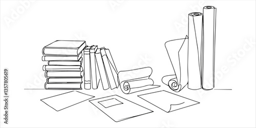 A continuous one line drawing showcases a stack of books, sheets of paper, and paper rolls within a single frame, representing classical-era writing instruments A quill pen symbolizes the art.