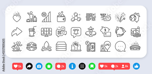 Airport transfer, Gas station and Arena stadium line icons pack. Social media: share, comment, like icons. Servers, Parking payment, Piggy bank web icon. Vector