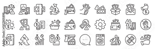 Money crime line icons. Settings gear, Message, Inflation icons. Fraud, Online thief and Steal cash set. Phishing robbery, launder money crime and tax offense line icons. Vector