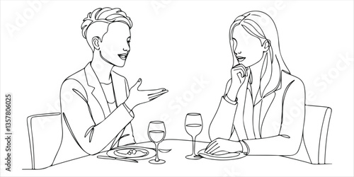 A single continuous line drawing depicts two businesswomen enjoying a relaxing meal break together. They are sharing a pleasant moment over a cup of delicious coffee, celebrating National Make Lunch.