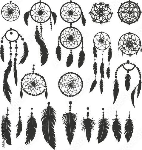 Silhouette of dreamcatchers with feathers and beads in black vector art.