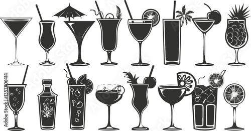 Illustration of various cocktail silhouettes in black and white design.