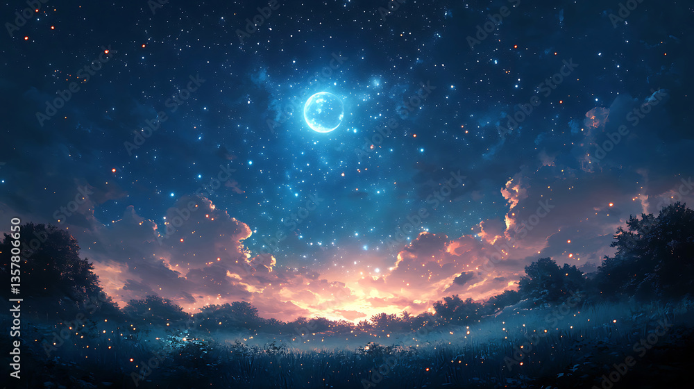 Starlit sky with glowing moon over peaceful landscape at dusk Starlit sky with glowing moon over peaceful landscape at dusk