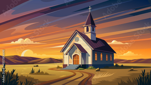 Ellis County, KS USA - A Lone Church at Dusk in the Western Kansas Prairie