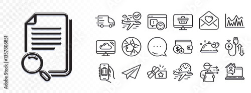 Cloud storage, Search file and Baggage app line icons for web app. Glare of light effect. Message icon. Pack of Bed bugs, Project deadline, Paper plane pictogram icons. Vector