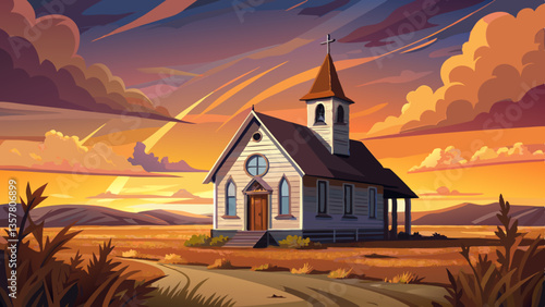 Ellis County, KS USA - A Lone Church at Dusk in the Western Kansas Prairie