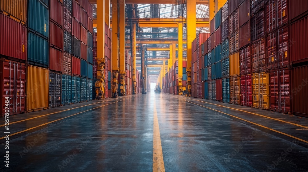 Fototapeta premium Rows of colorful cargo containers fill a spacious warehouse, outlining clear paths for vehicle movement.