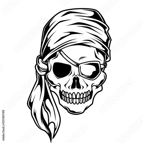 Schwarz-weiße Darstellung eines Piratenschädels mit Augenklappe und Kopftuch. Ideal für Tattoos, Piratendesigns, Abenteuer, Symbole, Ausmalbilder oder maritimen Stil.