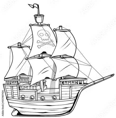 Schwarz-weiße Darstellung eines klassischen Piratenschiffs mit Totenkopfflagge. Ideal für Abenteuer, Seefahrt, Ausmalbilder, Kinderdesigns, Tattoos oder Fantasy.