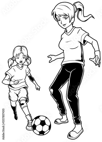 Schwarz-weiße Darstellung einer Mutter, die mit ihrer Tochter Fußball spielt. Perfekt für Familie, Sport, Freizeit, Bewegung, Ausmalbilder oder Erziehung durch Aktivität.