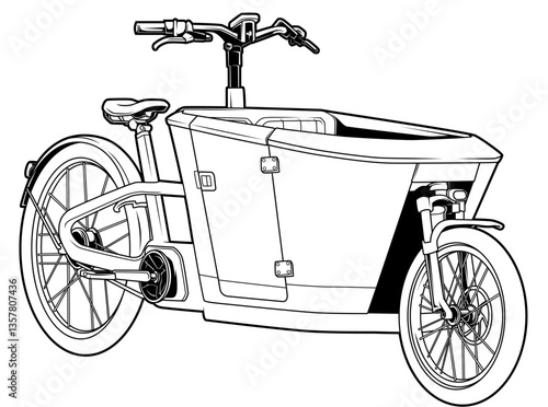 Schwarz-weiße Darstellung eines modernen E-Lastenrads mit Transportbox. Ideal für urbane Mobilität, Nachhaltigkeit, Technikdesigns, Ausmalbilder oder Verkehrsgrafiken.
