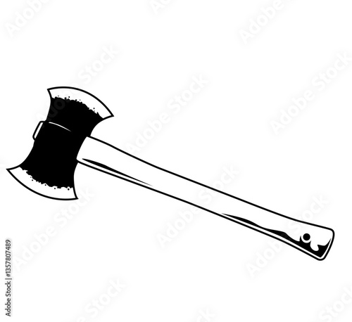 Schwarz-weiße Darstellung einer Doppelaxt mit Holzgriff. Ideal für Wikinger, Fantasy, Schlacht, Symbolik, Ausmalbilder, Mittelalter oder historische Waffen.