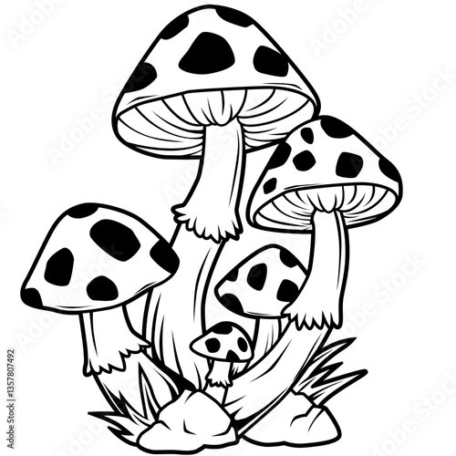 Schwarz-weiße Darstellung mehrerer gepunkteter Pilze in einer Waldszene. Ideal für Natur, Wald, Ausmalbilder, Märchen, Fantasy oder dekorative Pilzmotive.
