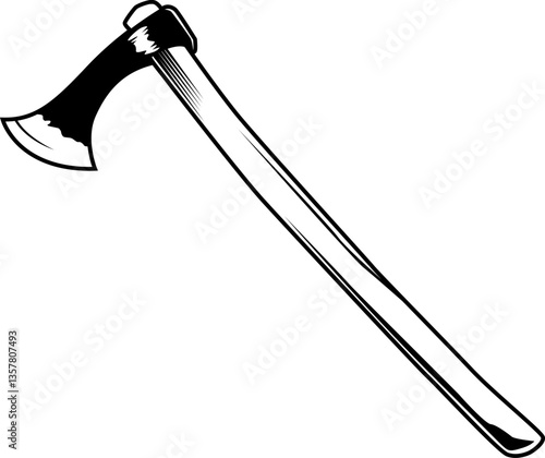 Schwarz-weiße Darstellung einer klassischen Axt mit langem Holzgriff. Ideal für Handwerk, Wikinger, Forst, Survival, Symbolik, Ausmalbilder oder historische Waffen.