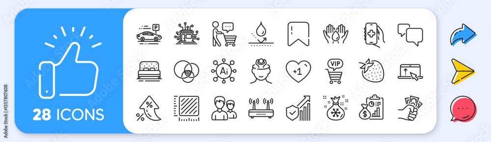 Obraz premium Bed, Report and Fraud line icons. Interest rate, AI generate, Inflation icons. Pack of Euler diagram, Swipe up, Couple icon. Waterproof, Strawberry, Speech bubble pictogram. Vector