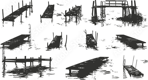 Silhouettes of various piers and docks over water.