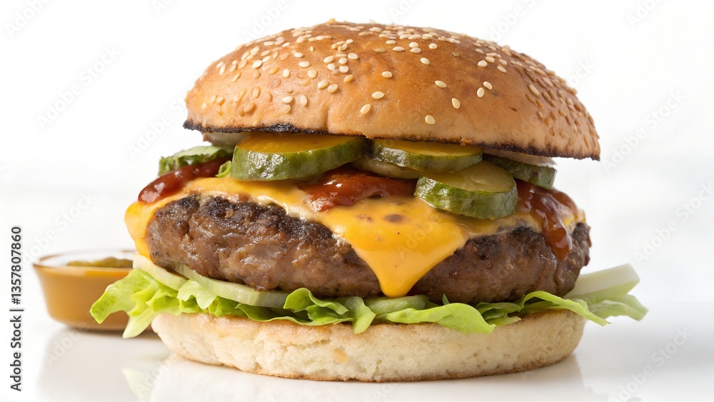 Close-up shot of a juicy cheeseburger with melted cheddar cheese, crisp lettuce, sliced pickles, onions, tangy ketchup, and a perfectly grilled beef patty served on a soft sesame seed bun — an appetiz Close-up shot of a juicy cheeseburger with melted cheddar cheese, crisp lettuce, sliced pickles, onions, tangy ketchup, and a perfectly grilled beef patty served on a soft sesame seed bun — an appetiz