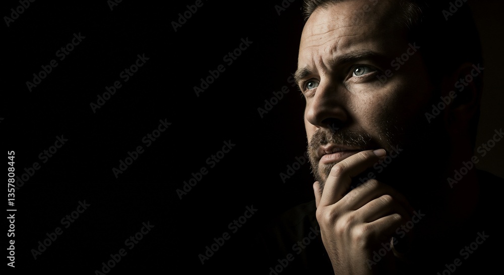 Thoughtful man pondering against a dark background Thoughtful man pondering against a dark background