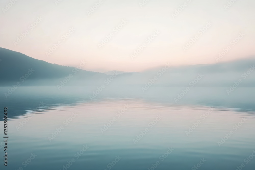 Obraz premium 穏やかな湖面に広がる霧が浮かぶ静かな朝の光景