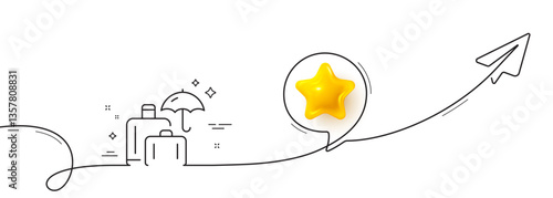 Luggage insurance line icon. Continuous line with share plane. Suitcase bag sign. Baggage protect symbol. 3d star in speech bubble. Luggage insurance single line ribbon. Loop curve pattern. Vector